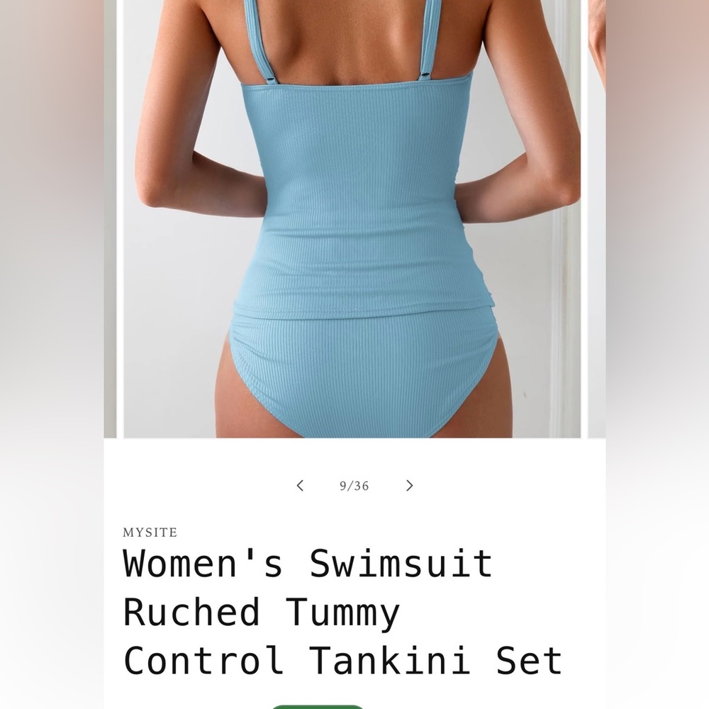 Sky Blue Ribbed Tankini Two-Piece Ruched Tummy Control Tankini Set - Picture 7 of 14